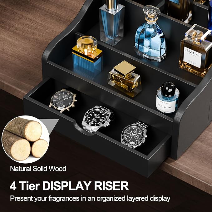 Perfume Organizer for Men，4 Tier Cologne Organizer for Men，Wood Cologne Stand with 2 Drawer and Hidden Storage for Watch, Jewelry, Perfume Display Risers, A Gifts for Man (Black)