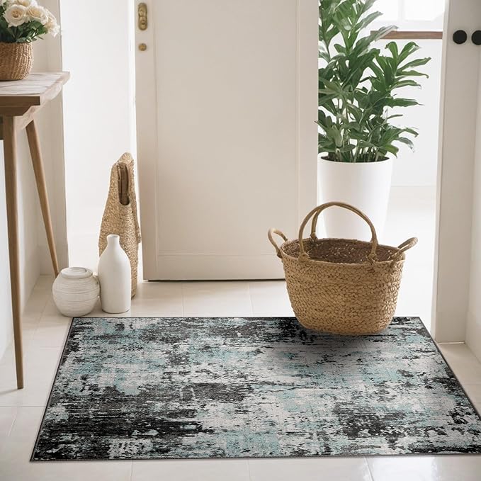 RELEANY Washable Area Rugs 2'x3' Non-Slip Modern Abstract Soft for Living Room Entryway Bedroom Nursery, Print Pattern, Blue Black Teal