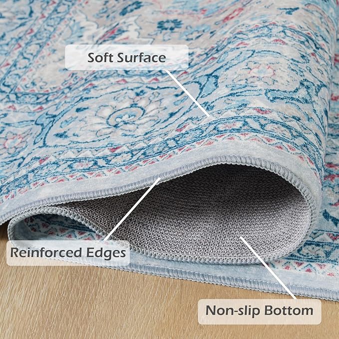 Goideal Washable Rug 3x5, Blue Area Rugs Non Slip, Indoor Low Pile Carpet with Rubber Backing for Living Room Kitchen Bathroom Entryway Office Bedroom