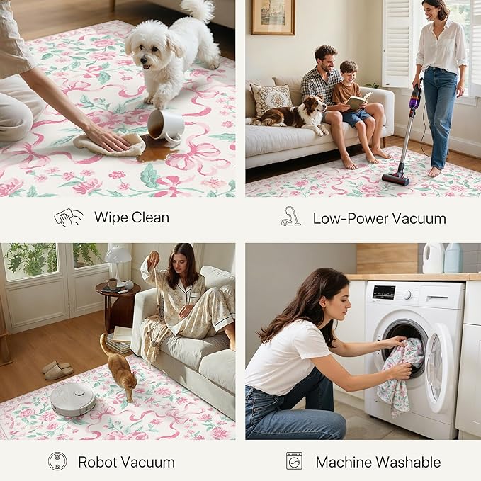 GENIMO 5X7 Washable Vintage Area Rugs for Living Room, Non-Slip Low Pile Chenille Print Rug, Soft Rugs for Bedroom Dining Room Home Office, Pastel Pink
