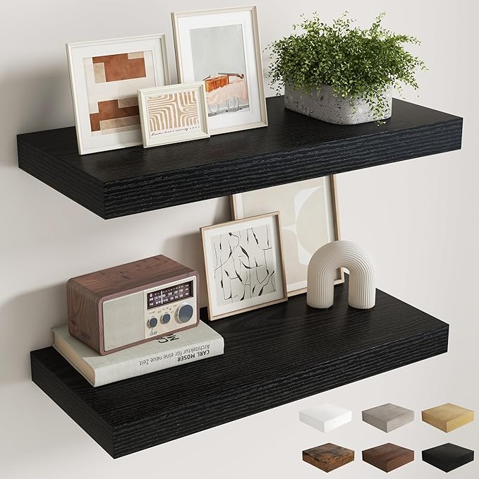 Fun Memories 30 Inch Black Floating Shelves for Wall, 12 Inch Deep Shelves for Bathroom|Kitchen|Bedroom, Wall Mounted Rustic Wood Floating Shelf with Invisible Brackets for Books|Storage|Decor, 2 Pack