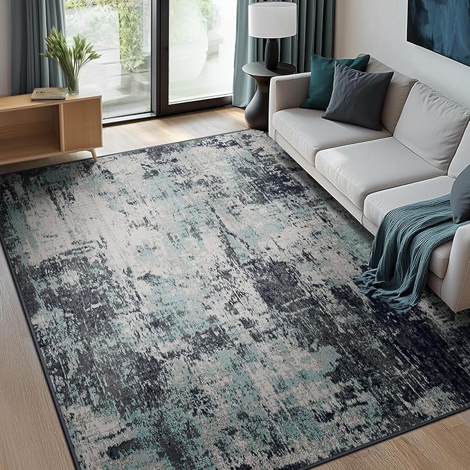 RELEANY Washable Area Rugs 10'x14 Non-Slip Modern Abstract Soft for Living Room Entryway Bedroom Nursery, Print Pattern, Blue Black Teal