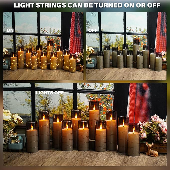 Nimiko Flickering Flameless LED Candles,Battery Operated Candles 24 Pcs with Embedded Star String,Acrylic LED Pillar Candles with Remote,Suitable for Home Decoration to Create an Atmosphere (Grey)