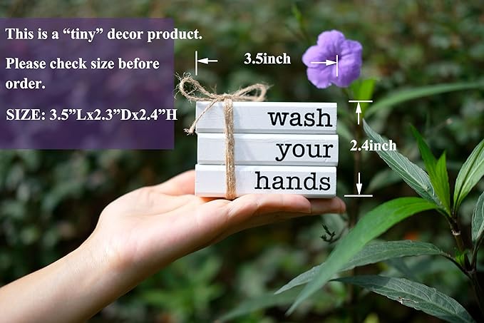Farmhouse Mini Bookstack for Bathroom Decor Wooden Books for Restroom Shelf Decorative Accent for Guest Bathroom Sign, 2 Signs in 1 Reversible - Wash Your Hands/Relax Soak Unwind