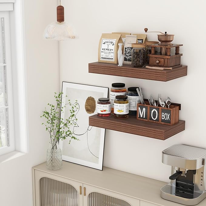 FLYJOE Deep Floating Shelves | 24 Inch Walnut Floating Shelves Set of 2 | 12 Inch Deep Rustic Wood Shelves for Wall | 24" W x 12" D Walnut Shelves for Living Room Bathroom Laundry Room Kitchen