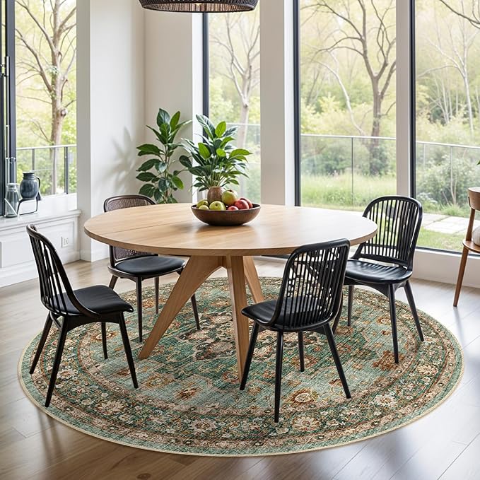 TOPRUUG Washable Oriental Area Rug - 6ft Round Rugs for Living Room Soft Carpet for Bedroom Waterproof Floral Distressed Indoor Stain Resistant Non-Shedding Floor Carpets (Green, 6ft-Round)