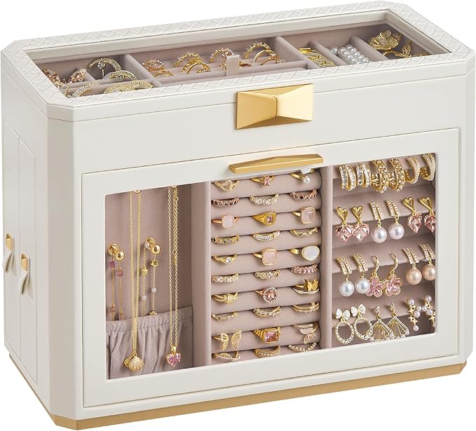 SONGMICS HOME Large Jewelry Box, Vertical Jewelry Organizer with Glass Windows, Jewelry Pouch, 4 Side Drawers, Woven Embossed PU Leather, Gift Idea, Cloud White UJBC203W01