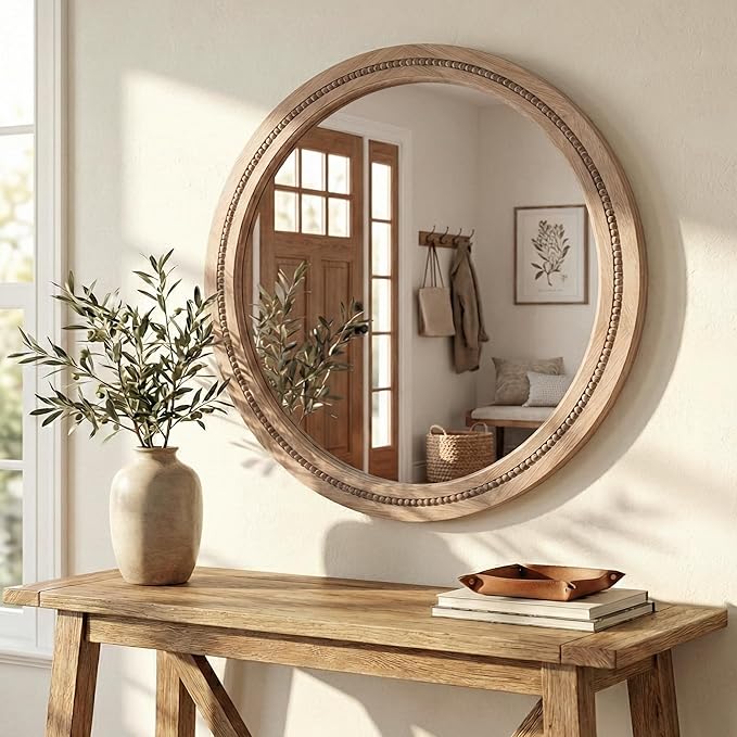 30" Round Solid Wood Mirror for Bathroom Vanity, Handcrafted Beaded Circle Wall Mirror - Natural Boho Farmhouse Decor for Entryway & Bedroom