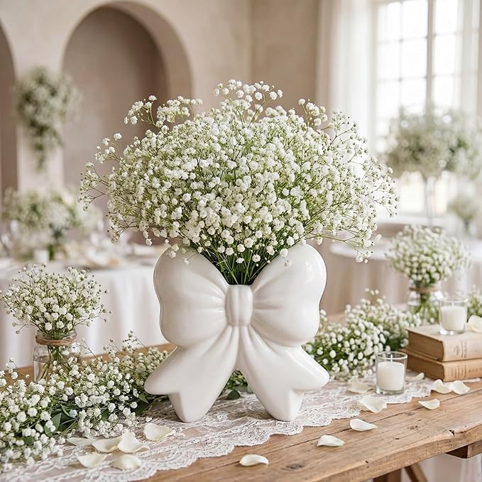 Jingmore White Bow Vase Coquette Ceramic Vase for Wedding Pen Holder Makeup Brush Holder Contemporary Design Decorative Women Gift for Home Office Shelf Table Room(Small, Classic)