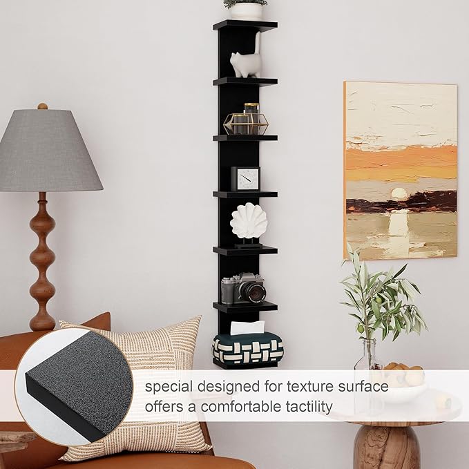 Fun Memories 7 Tier Wall Shelf Unit, Black Floating Shelves for Storage - Vertical Column Tower Design, Lack Wall Shelf Space Saving Organizer for Bedroom, Living Room, Home Decor