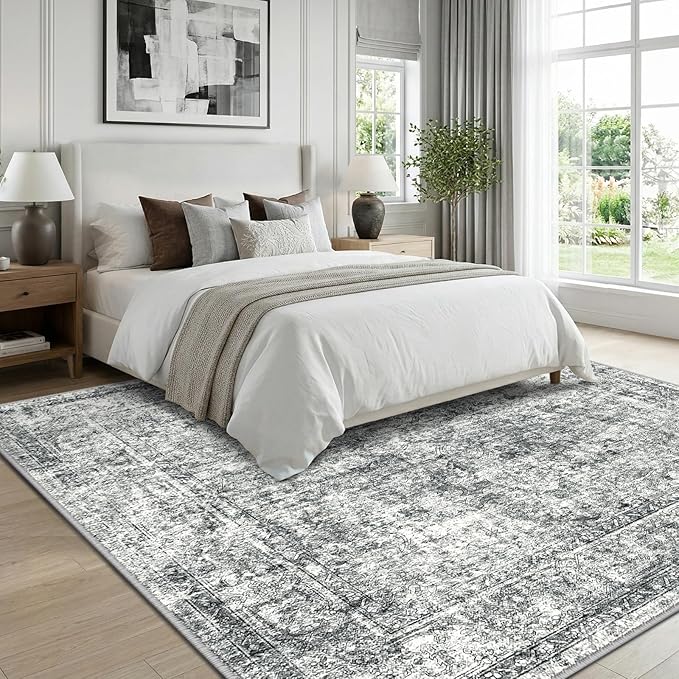 CAPALOCA Machine Washable Rugs Nursery Rug Sq8ft Cute Girl Non Slip Low Pile Water Repellent Soft Print Pattern for Bedroom Indoor Decor Kids Playroom Grey