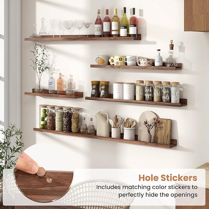 Fun Memories Picture Ledge Shelves Set of 2, 32 Inch Rustic Wall Mounted Floating Shelves with Lip for Home Storage and Décor in Bathroom, Kitchen, Nursery, Bedroom, Living Room, Walnut