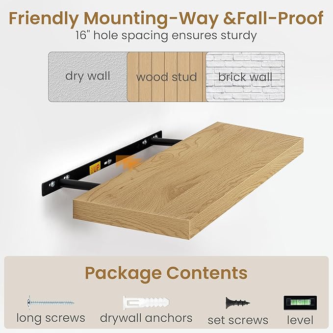 36 Inch Long Floating Shelves for Wall, 9.3 Inch Deep Floating Shelf with Heavy-Duty Bracket, 2 Pack Long Shelves for Bathroom, Living Room, Bedroom, Wall Mounted Storage Shelf for Books Decor, Oak
