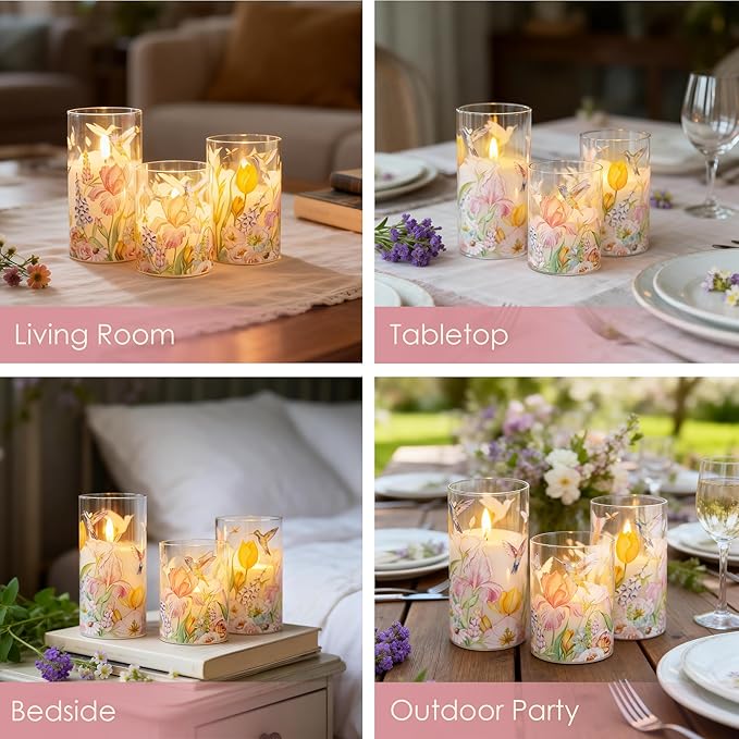 LUSHARBOR Flameless Candles with Remote, Battery Operated Glass Candles Hummingbird Flickering LED Electric Pillar Candles Real Wax Floral Christmas Decor Set of 3