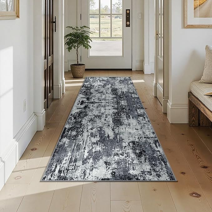 RELEANY Washable Area Rugs 2'6"x8 Non-Slip Modern Abstract Soft for Living Room Entryway Bedroom Nursery, Print Pattern, Black Navy Blue Gray