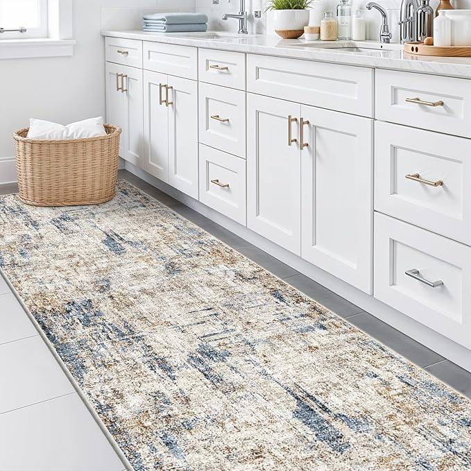 3x12 ft Long Hallway Runner Rug - Non-Slip Washable Kitchen Rug with Rubber Backing,Modern Abstract Neutral Thin Low Pile Floor Carpet Runner for Entryway,Bedroom,Living Room（Blue Brown）