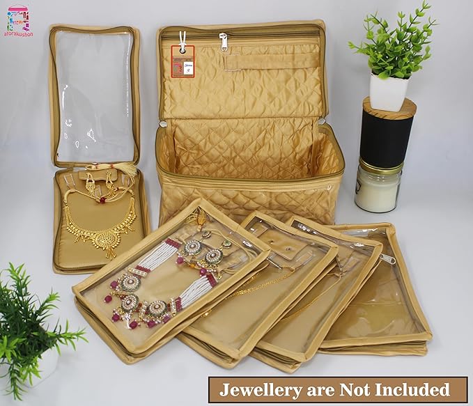 atorakushon Satin Makeup Kit Travel Jewelry Organizer Locker Box Pouches Clutch Bag for Necklaces Earrings Rings and Bracelets Golden Color
