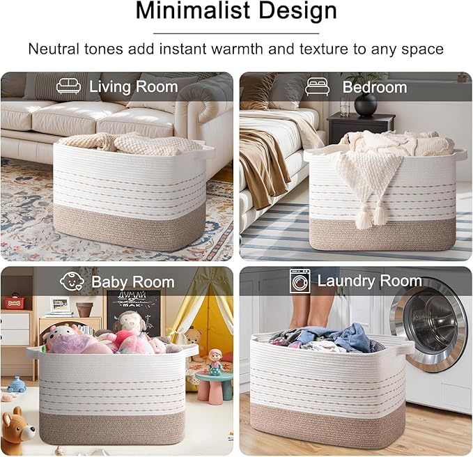 OIAHOMY 108L Extra Large Blanket Basket, 25”x16”x16” Rectangle Woven Cotton Rope Baskets for for Living Room, Toy Storage with Handle- Gradient Light Brown