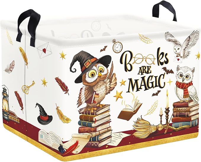 Clastyle Magic Nursery Decor Baby Basket Large Brown Feather Wand Hat Toy Box Broomstick Owl Kid Gift Book Shelf Basket Collapsible Clothes Organizer Bin, Hat, 40x30x30 cm