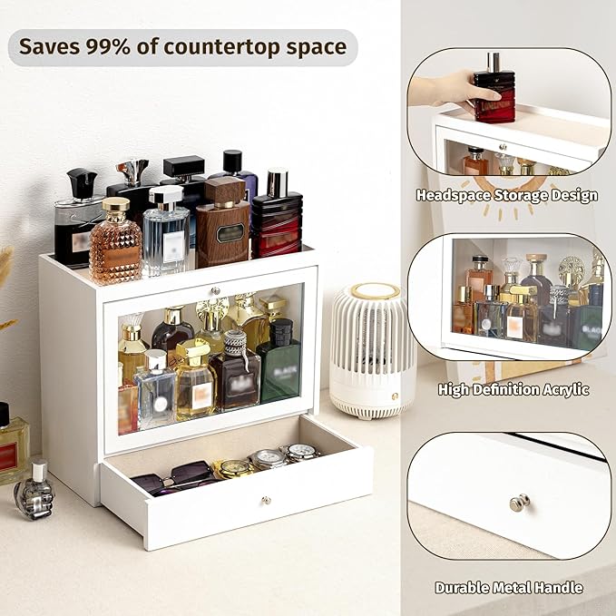 Emfogo Cologne Organizers Stand for Men, Solid Wood Perfumes Organizers Stand for Men Dresser, Large Capacity Dustproof Cologne Holder with Drawer Storage Perfume Stand, Ideal Gift for Loved ones