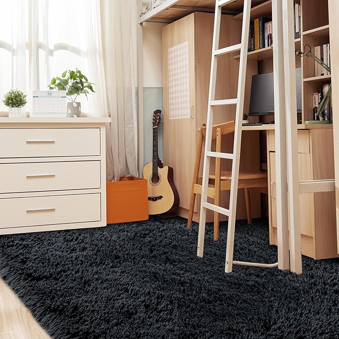 Fluffyrug 7x10 Area Rug for Living Room: Black Area Rug 7 X 10 Rugs for Living Room - Shag 7x10 Modern Indoor Soft Shaggy Fuzzy Floor Carpet for Bedroom