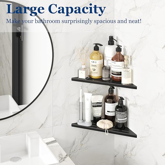 Qeke Corner Shower Shelves, 10” Recessed Tile Shower Shelf, 304 Stainless Steel Grout in Corner Tile Shower Shelves, No Drilling, Matte Black, 2 Pack