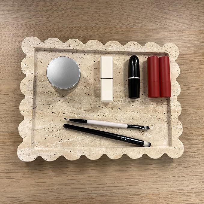 Elegant Marble Vanity Tray, Natural Luxury Travertine Decorative Countertop Organizer for Bathroom, Kitchen & Dresser - Holds Keys, Coffee, Perfume, Jewelry & Makeup
