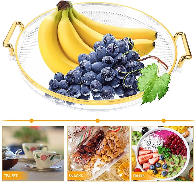 Lurrose Teacup Tray with Gold Rim, Striped Decorative Centerpiece Tray for Home, Multipurpose Fruit and Candy Platter, Makeup Organizer for Bathroom and Kitchen Use