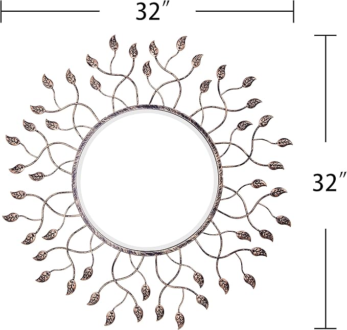 Chende Round Mirror for Dining Room Decor, 32" x 32" Large Mirror for Living Room with Removable Leaves, Beveled Edge and Metal Frame, Decorative Wall Mirror for Entrance Decor