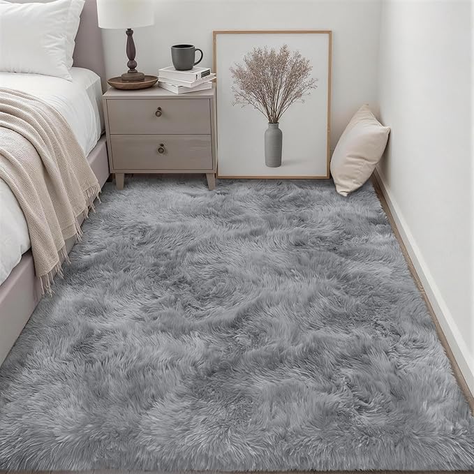Fluffy 4x6 Area Rugs for Living Room Bedroom: Ultra Soft Shag Rug Non-Slip Non-Shedding Small Plush Bedside Rug Indoor Floor Carpets for Kids Room Playroom Entryway Nursery Dorms Home Decor Gray