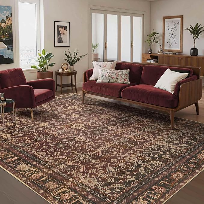 Rugxara 6x9 Area Rugs for Living Room Bedroom, Large Washable Christmas Rug, Vintage Oriental Boho Rug, Non Slip & Low Pile Faux Wool Thin Carpet for Indoor Dining Room, Classroom Dorm and Kids Room
