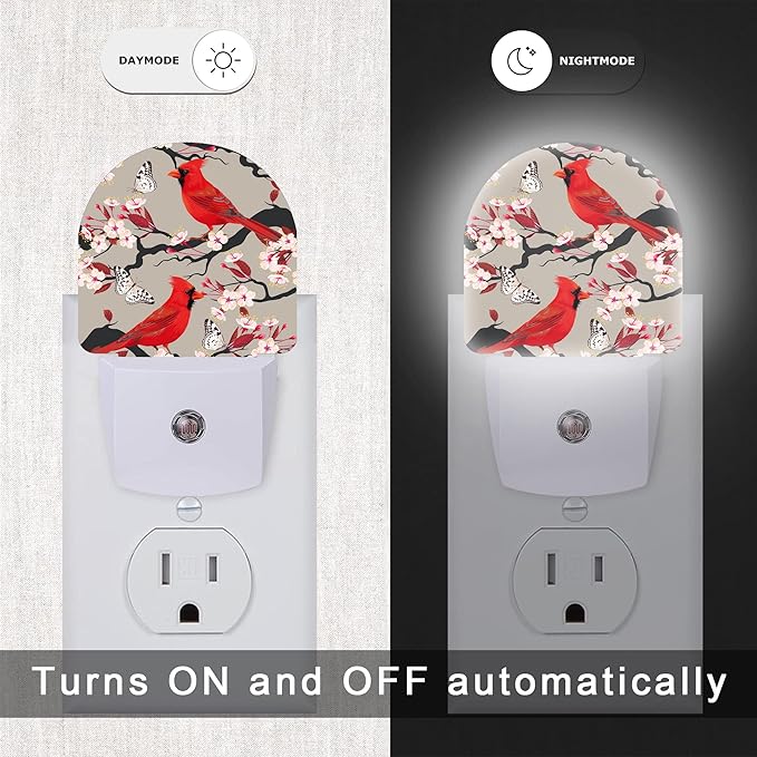 Red Cardinal Night Light,Blooming Cherry Night Lights Plug into Wall for Boys Girls Bedroom Decorative Half Round Nightlight Led Lamp 0.5W Sleep Friendly