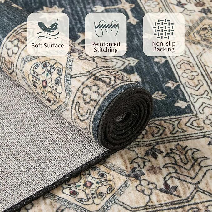 Rugxara 8x10 Area Rugs for Living Room, Large Washable Rug, Black Vintage Boho Rug, Non Slip & Low Pile Faux Wool Carpet for Indoor Dining Room, Bedroom and Farmhouse(Black 8x10ft)