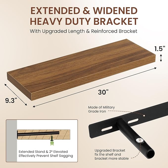 Dreamland 30 Inches Floating Shelves for Wall, 9.3" Deep Long Floating Shelves Set of 2, Large Display & Storage Shelf, Wall Shelf for Bathroom Bedroom Living Room Kitchen Office, Walnut