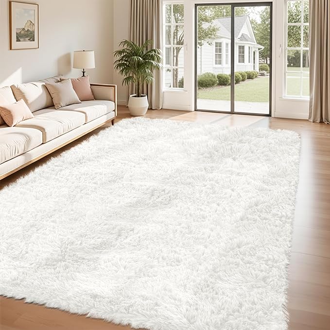 8x10 Area Rug for Living Room:Ultra Soft Fluffy Shag White Rugs,Large Fuzzy Plush Indoor Non Slip Carpet Washable Rug for Bedroom Kids Nursery Office Dorm Modern Decor(White 8'x10')