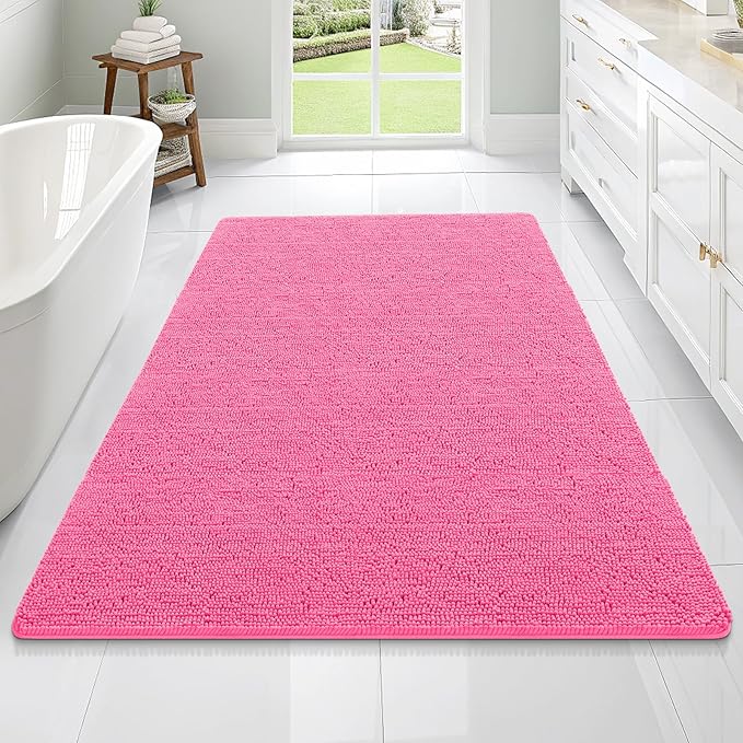 OLANLY Large Bathroom Rugs 70x46, Extra Soft Absorbent Chenille Bath Rugs, Rubber Backing Quick Dry, Machine Washable Bath Mats for Bathroom Floor, Tub and Shower, Home Decor Accessories, Hot Pink