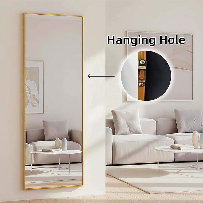 Full Length Mirror 71"x30"Rectangle with Stand Aluminum Alloy Frame Wall Mountable Tempered Glass Full Body Mirror, Standing Hanging or Leaning Against Wall for Bedroom and Living Room Gold