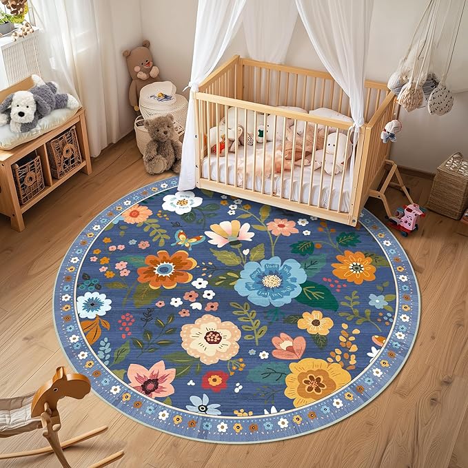 RELEANY Floral Nursery 6ft Area Rugs Washable Print Boho Cute Carpet Non Slip Flower Low Pile for Living Room Kids Girls Playroom Bedroom Kitchen Office Farmhouse-Blue/Grey