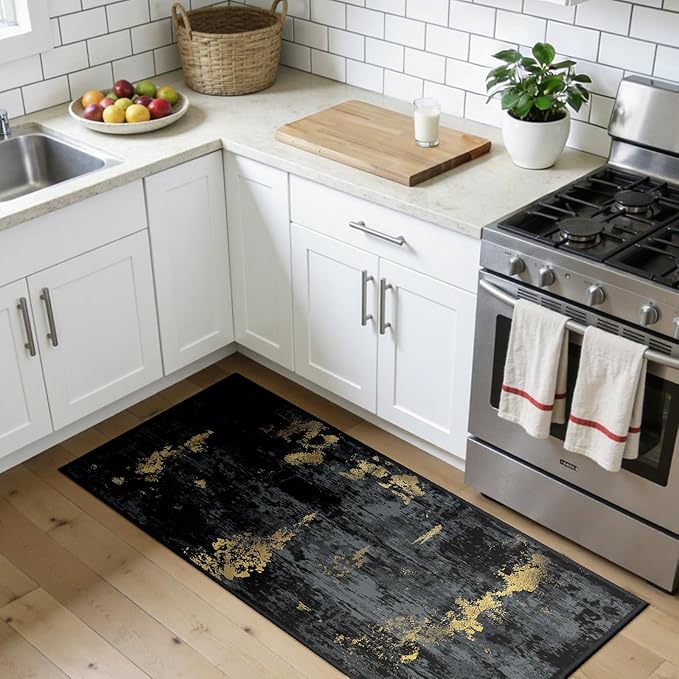 RELEANY Washable Area Rugs 2'x5' Non-Slip Modern Abstract Soft for Living Room Entryway Bedroom Nursery, Print Pattern, Dark Black Gold