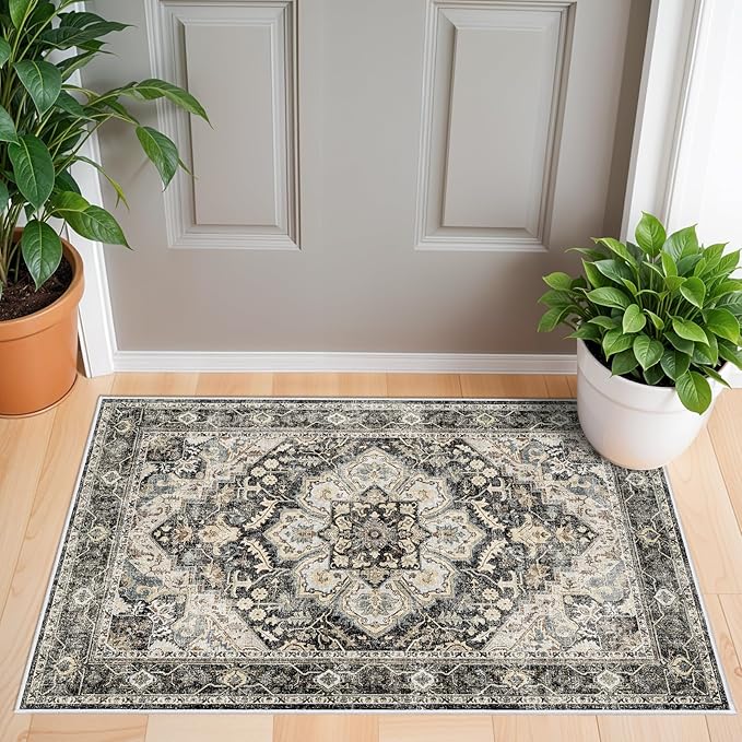 Washable Oriental Area Rug - 2x3 Rugs for Living Room Soft Carpet for Bedroom Waterproof Floral Distressed Indoor Stain Resistant Non-Shedding Floor Carpets (Black/Grey, 2x3)