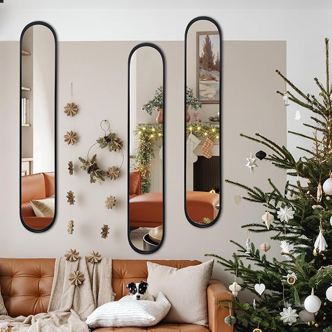 OUSHUAI Black Full Length Oval Mirror, 3-Pack Narrow Capsule Long Mirrors with Metal Frame for Dressing, Hallway, Living Room, Entryway Wall Decor