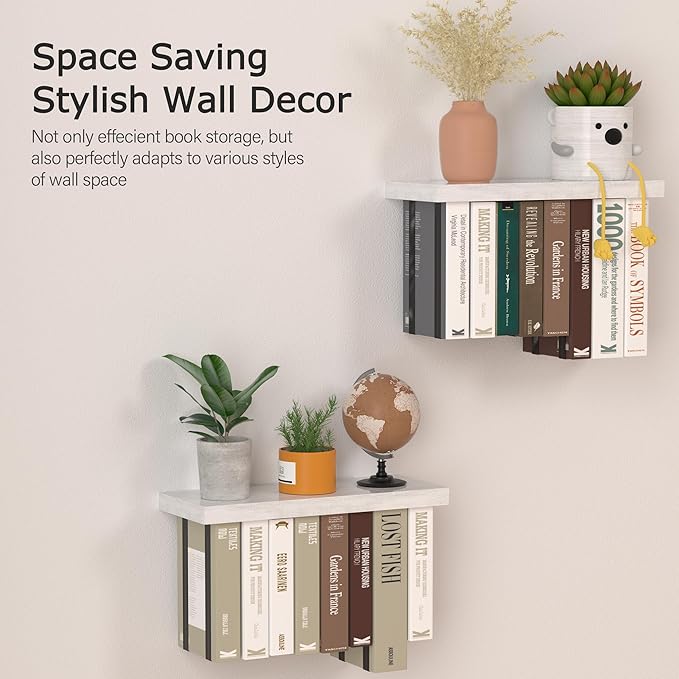 Tohiasen Floating Book Shelves for Wall Mounted Set of 2, Wood Hanging Bookshelf, Book Display Shelf for Wall, Unique Space Saving Book Shelf Wall Book Holder (White)