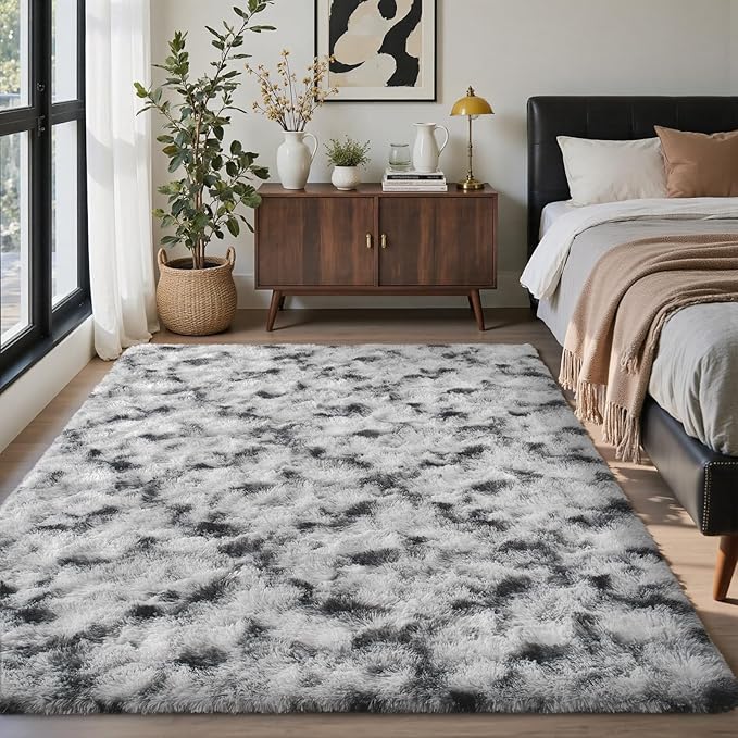 4x6 Ft Fuzzy Rugs for Living Room,Black and White Bedroom Area Rug Non-Slip,Carpet for Nursery Kids PlayRoom Indoor Modern Plush Carpets