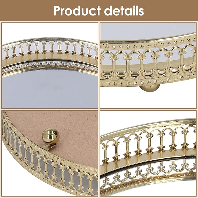 9.8×1.7in Round Decorative Mirror Tray American Style Makeup Organizer Jewelry Organizer Serving Tray with Decorative Geometric Shape Side for Whiskey Decanter, Vanity Set, Perfume Tray
