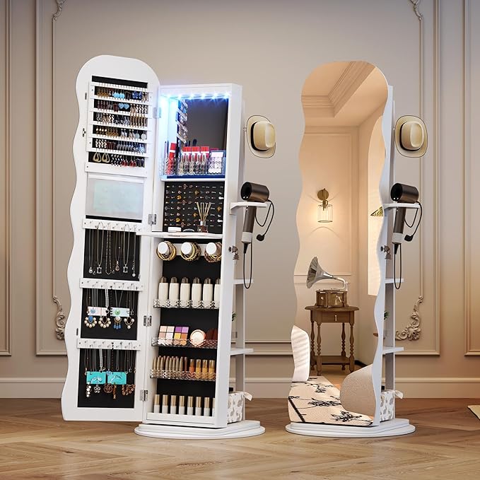 Vlsrka 360° Swivel Jewelry Aromire with Wavy Mirror, Lockable Jewelry Organizer Mirror Full Length, Rotatable Standing Mirror with Storage, Jewelry Cabinet, Interior Mirror, Flodable Shef (White)