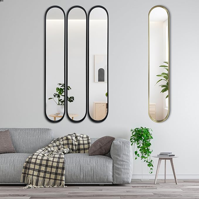 OUSHUAI Black Full Length Oval Mirror, 3-Pack Narrow Capsule Long Mirrors with Metal Frame for Dressing, Hallway, Living Room, Entryway Wall Decor