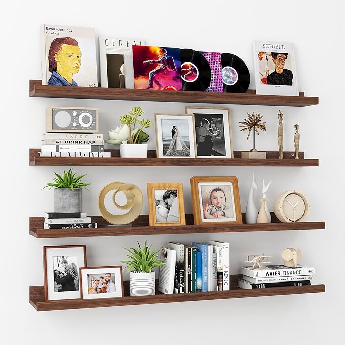 Axeman Picture Ledge Shelf | 36 Inch Walnut Floating Shelves Set of 4 | Rustic Wood Wall Shelves with Lip | 36" Walnut Picture Shelves for Wall with Ledge | Photo Shelves