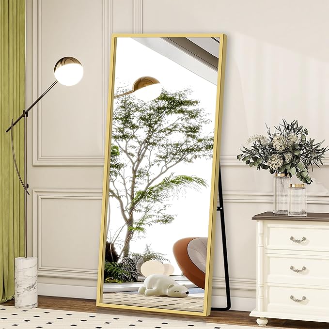 GlasFlength Full Length Mirror with Stand, 64"x21" Full Body Mirror with Aluminum Alloy Frame, Wall-Mounted/Leaning Against Wall/Standing Floor Mirror for Bedroom, Living Room, and Entryway