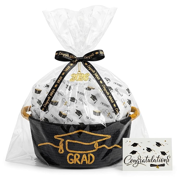 Colingmill 2026 Graduations & Nurses Week Gift Basket Empty to Fill, Woven Rope Basket 15" x 11" x 6" Decorative Storage Baskets with Gift Bag, Bow, Tissue Paper & Year Charm (Black,Gold,Graduation)