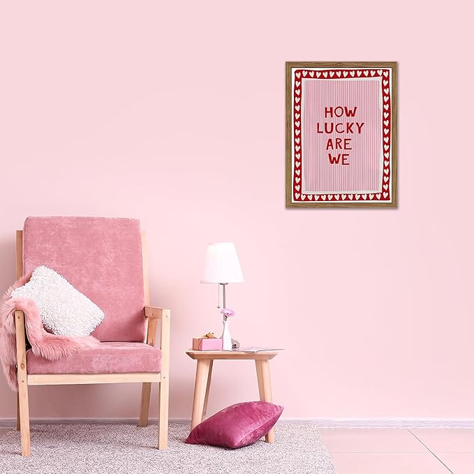 Framed How Lucky Are We Wall Art, Vintage Pink Inspirational Canvas Wall Decor Painting, Trendy Preppy Stripe Romantic Quotes Posters Prints Pictures for Bedroom Dorm Valentine Gift 12x16 Inch